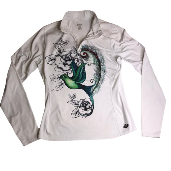HOT CHILLYS White Half Zip Pullover White Hummingbird Bird Long Sleeve Women's L - Picture 9 of 9